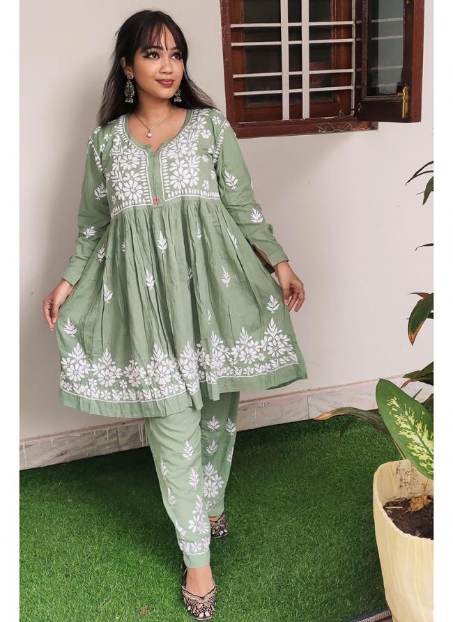 Soft Rayon Light Green Casual Wear Embroidery Work Readymade Kurti With Bottom